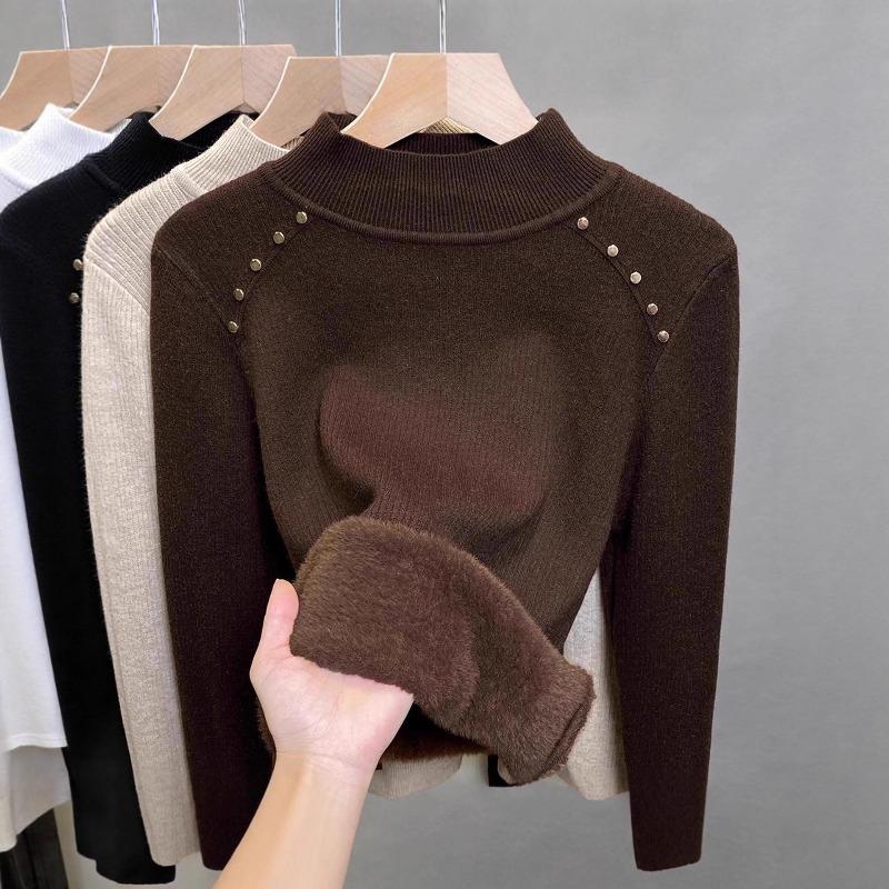 Autumn and Winter Warm Fleece Thickened Integrated Fleece Sweater Women's Bottoming Shirt New Semi-turtleneck with Knitted Top