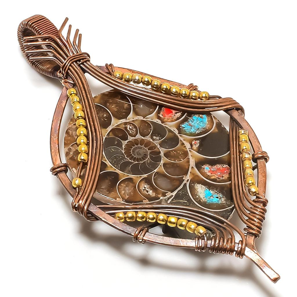 Ammonite Fossil 999 Copper Wire Wrapped Pendant, Handmade Gemstone Jewelry Pendant For Memorial Day