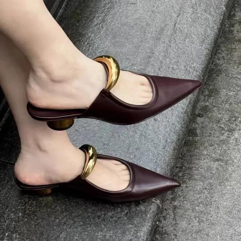 Fashion Punk Gothic Metal Buckle Low Heels Sandals Women 2024 New Pointed Toe Thick Heeled Summer Slippers Woman Platform Muller Shoes