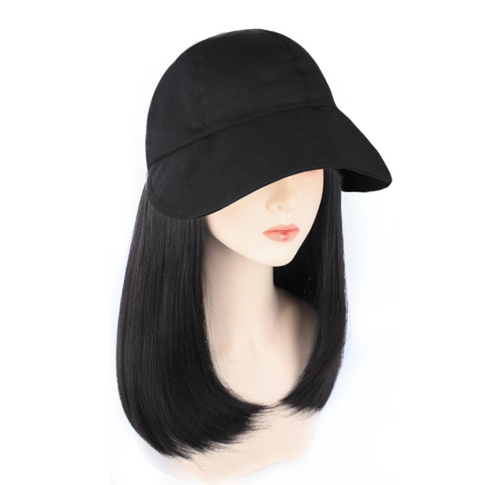 Bucket Hat Fisherman Hat with Wig Wide Brim Short Straight Hair Simple Women Sun Cap Wig  Travel