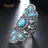 Vintage Inlaid Turquoise Crystal Stone Finger Ring Male Female Rings Hollow Party Symmetric Jewelry