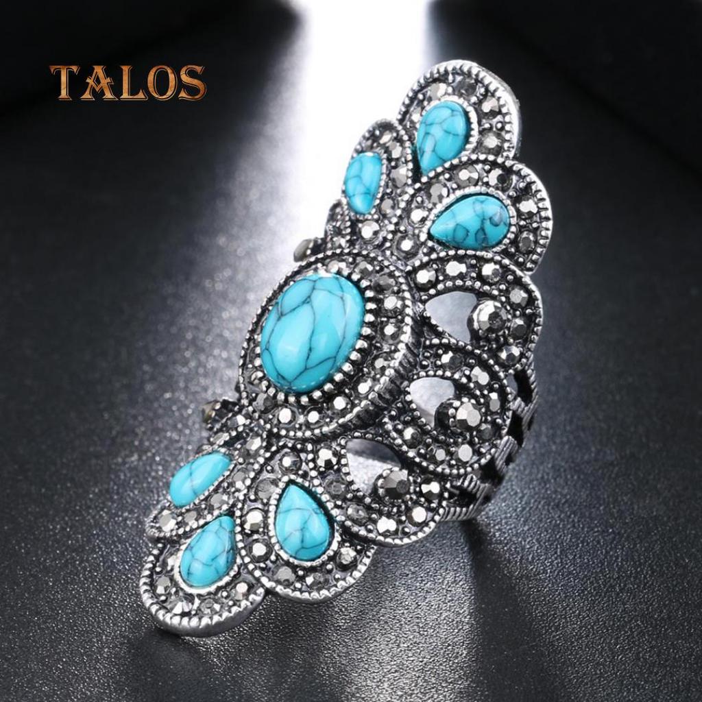 Vintage Inlaid Turquoise Crystal Stone Finger Ring Male Female Rings Hollow Party Symmetric Jewelry