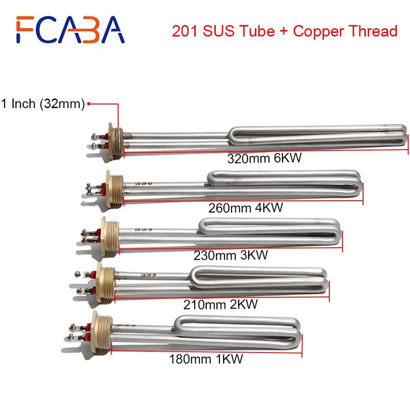Tubo Riscaldante in Acciaio Inossidabile con Testa in Rame da 1 Pollice/32mm/DN25 Elemento Riscaldante Elettrico 110/220/380V per Scaldabagno 1/2/3/4/6KW
