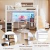 Loft bed, 140 x 200 cm, iron frame, storage compartment, 4 drawers, hanging grid, LED light strip, desk, storage staircase, without mattress, white