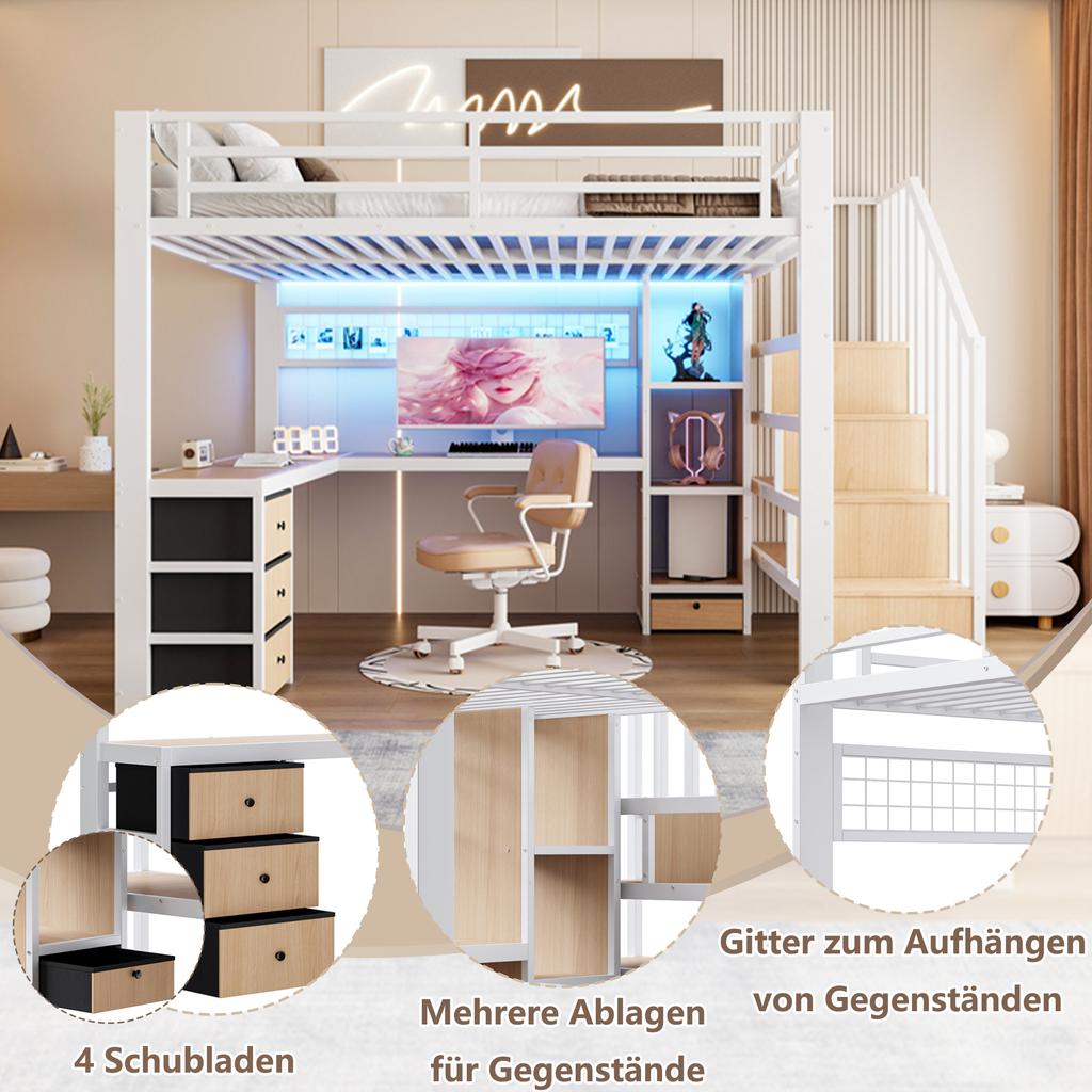 Loft bed, 140 x 200 cm, iron frame, storage compartment, 4 drawers, hanging grid, LED light strip, desk, storage staircase, without mattress, white