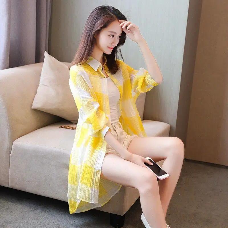 Women's Mid-length Plaid Shirt Long Loose Jacket Women's Sun Protection Clothing Large Size Loose Thin Jacket Ladies Long Chiffon Shirt