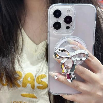 INS Koreański Srebrny Kokardka Do Magsafe Griptok Uchwyt Pierścień na Palec Telefonu Podpórka Stojak Dla iPhone 16 15 Samsung S24 Dziewczęcy Uchwyt