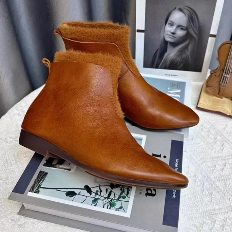 Boty pro ženy 2024 Nové klasické dámské kozačky se špičatou špičkou Jednoduché všestranné fleecové krátké kozačky Pohodlné teplé dámské ploché boty