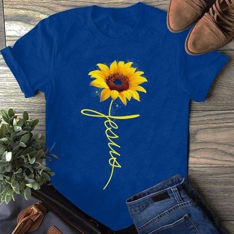 Women's Sunflower English Letter Print Round Neck T-Shirt - Short Sleeve Summer Top