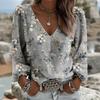 Yousheng Women Tops Retro Floral Print Puff Long Sleeve Shirt V-neck Loose Fit Casual Blouse Breathable Daily Wear