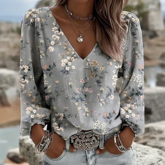 Yousheng Women Tops Retro Floral Print Puff Long Sleeve Shirt V-neck Loose Fit Casual Blouse Breathable Daily Wear