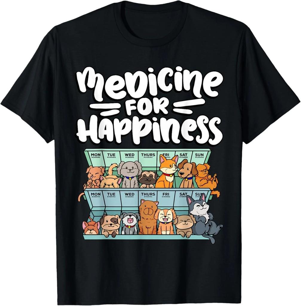 Medicine for Happiness Pill Box Animals Dog Breeds Puppies T-Shirt