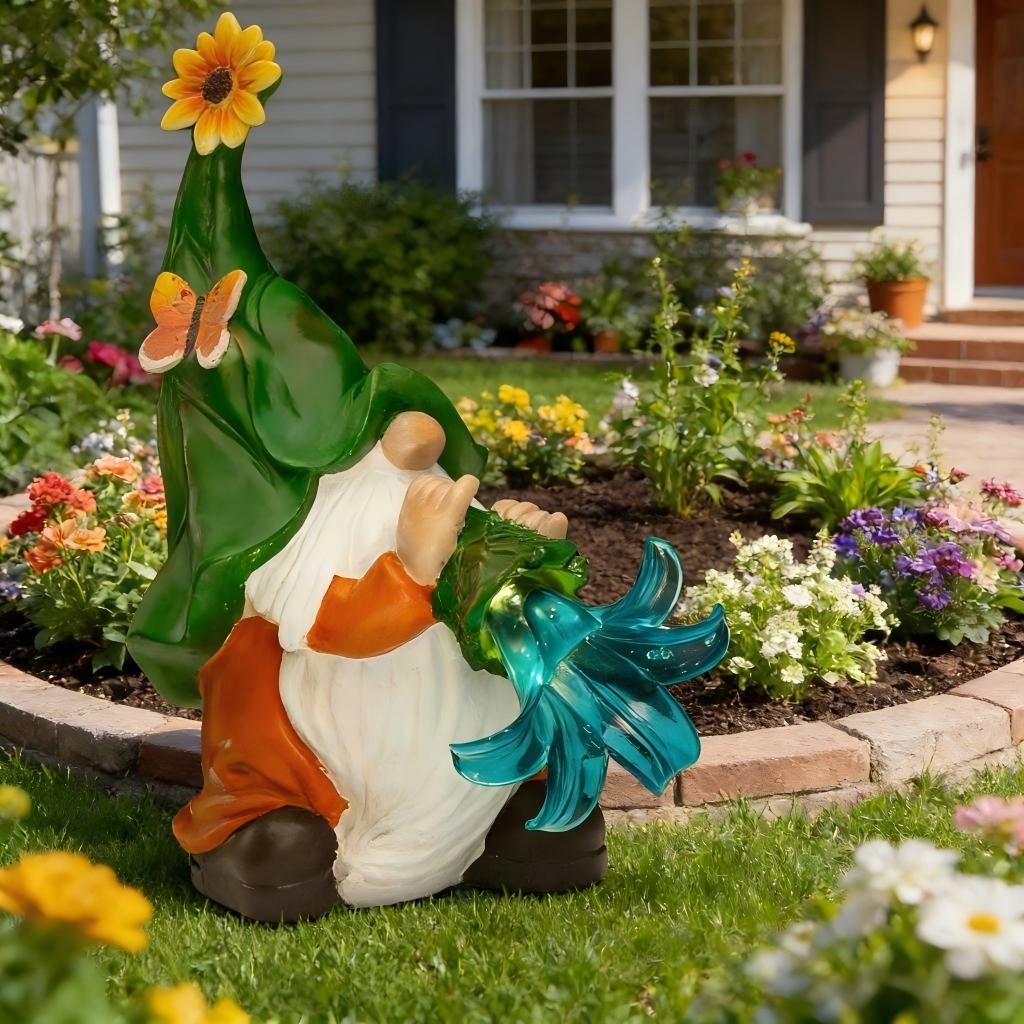 Solar LED Lighted Garden Gnome Resin Statue - Outdoor Funny Decor for Home Patio Lawn Yard - Collectible Figurine Gift