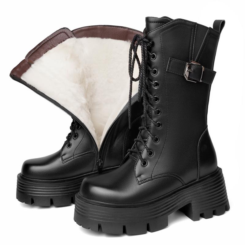 

Модные зимние ботинки женские из натуральной кожи, новые, на высоком каблуке и платформе, женские ботильоны в британском стиле, теплые женские зимние ботинки из натуральной шерсти 265