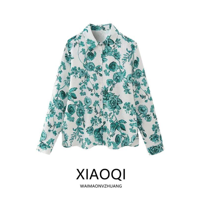 Fashion Style 2024 Summer Women's Clothing Dignified Sense of Design Linen Blended Flower Print Shirt 8319446