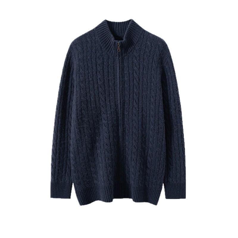 Men's Autumn/Winter Cashmere Cable Knit Zipper Cardigan Sweater, Half-High Collar, Plus Size