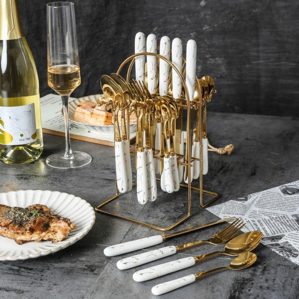 24pcs Stainless Steel Marbled Tableware Set Mirror Polished with Storage Rack Famliy Cutlery Set Nordic Style Flatware Kit