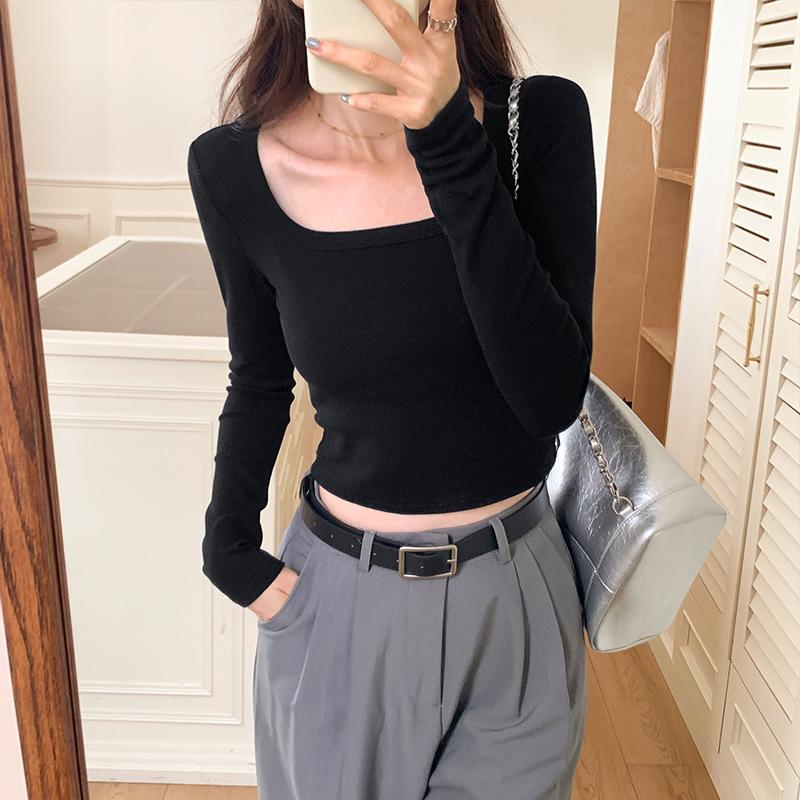 Solid Color Square Neck Bottoming Shirt for Women In Autumn New Threaded Slim Long-sleeved T-shirt Versatile Slimming Short Top