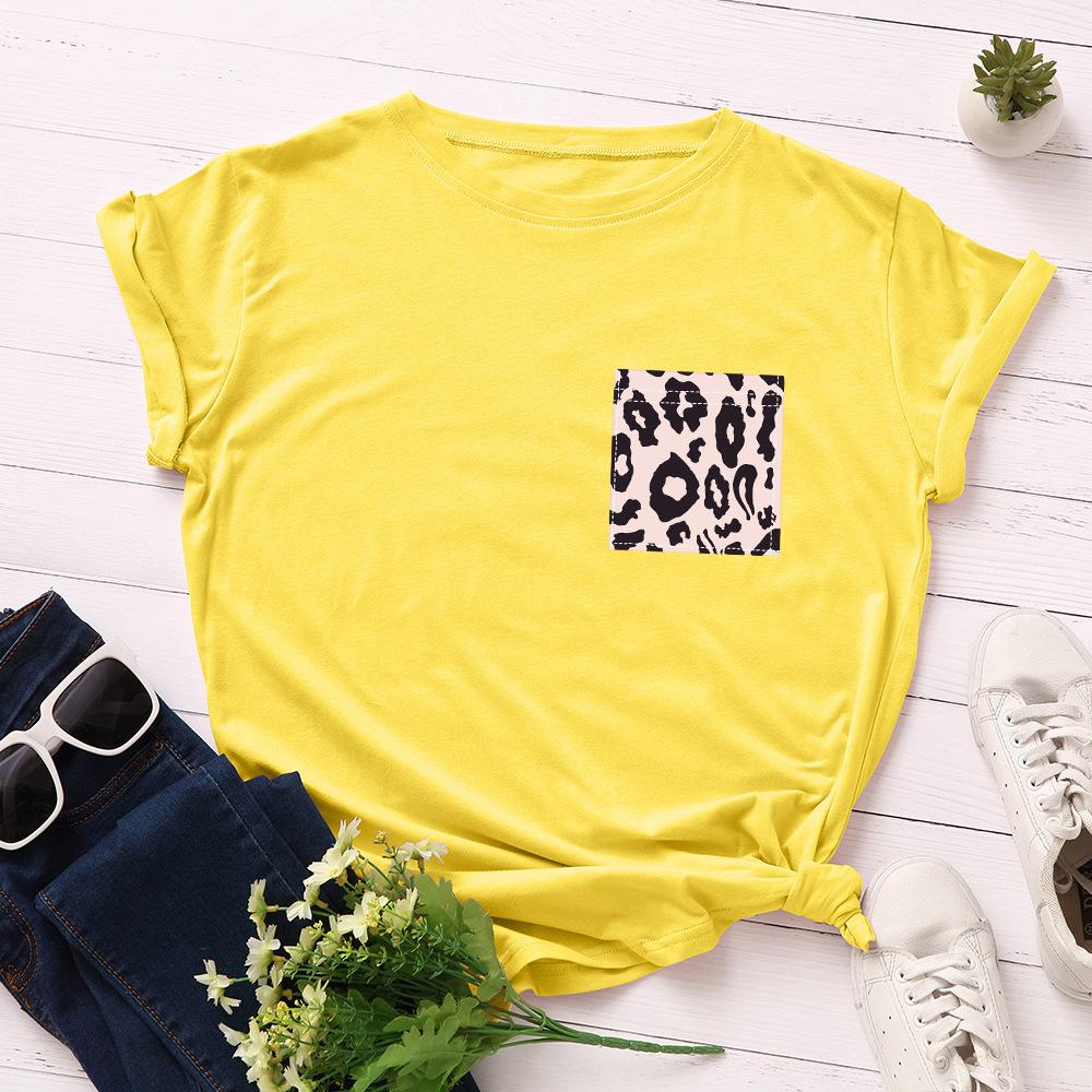 Creative Leopard Print Chest Flower Fake Pocket Cotton T-Shirt Short Sleeve Round Neck Women 2d Print Tops
