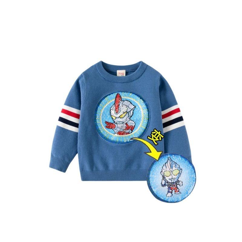 Spring and Autumn Children's Clothing Boy Ultraman Clothes Color Change Sequins Affixed Cloth Embroidered Pullover Sweater Kids Cotton Thread Tops