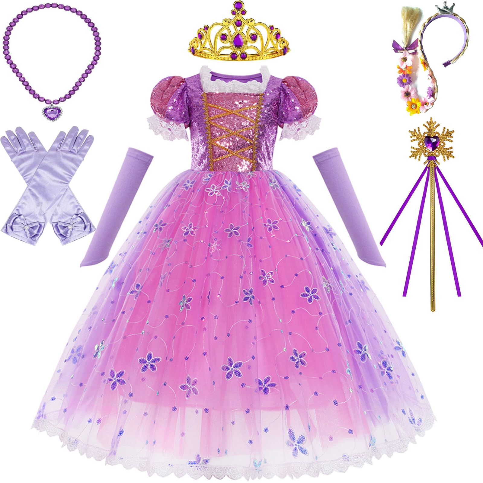

KALAOK Rapunzel-Style Dress, Children s Princess Dress, Cosplay Costume, Kids Costume, Transformation, Includes Accessories, Purple, 100cm