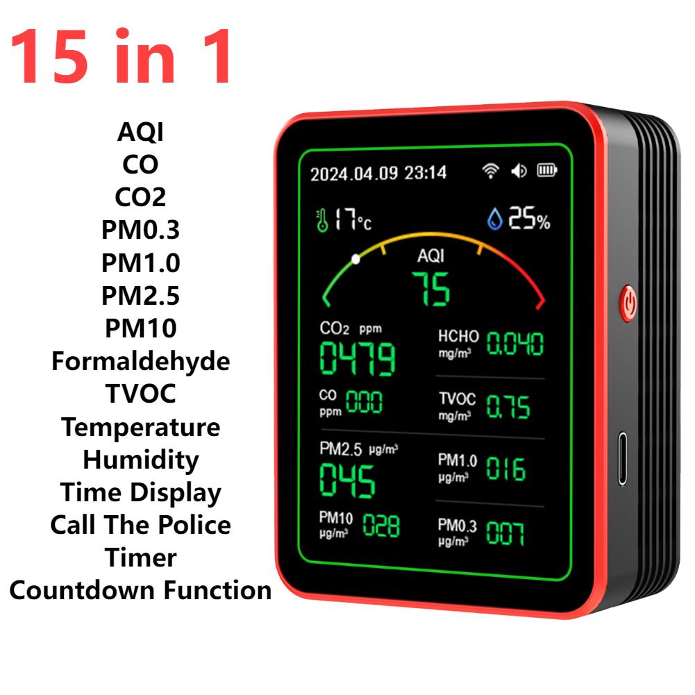 15 In 1 Air Quality Monitor CO2 Meter CO TVOC HCHO PM2.5 PM1.0 PM10 Temperature And Humidity Measurement Carbon Dioxide Detector
