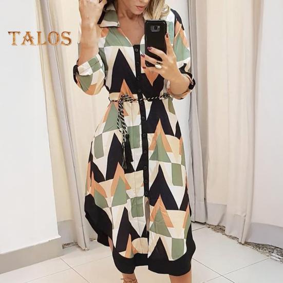 Damen-Midikleid mit Knopfleiste und V-Ausschnitt, langärmliges Kleid mit Schnürung und Aufdruck, lässiges Sommeroutfit für den Alltag, Urlaub, Club, Cocktailparty