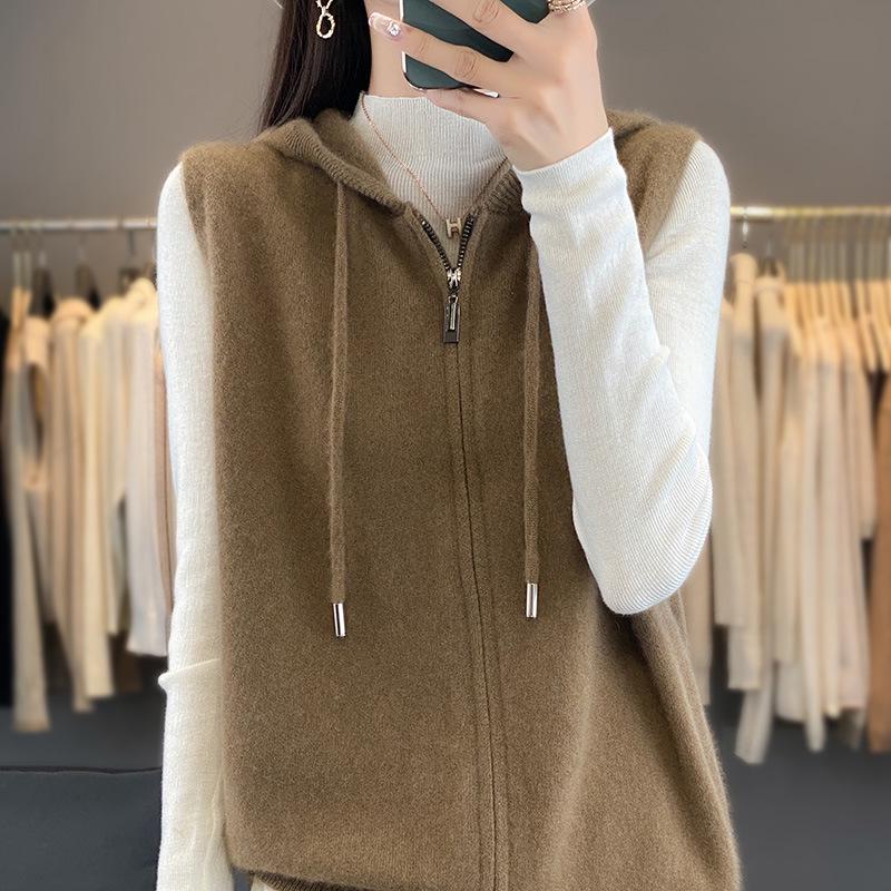 2025 A/W Hooded Wool Knit Vest - Zippered Sleeveless Sweater Coat