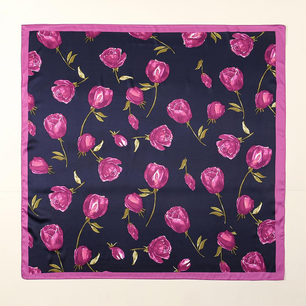 Summer Casual Rose Printed Hijab Bandana Square Satin Silk Scarf For Muslim Woman Hairband Ladies Wraps Headband 85*85Cm
