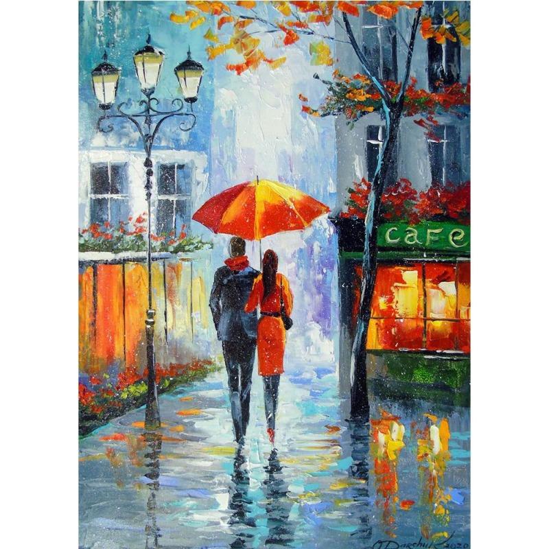 Scandinavian autumn rainy landscape poster, canvas, oil painting for lovers, outdoor wall painting for the modern living room