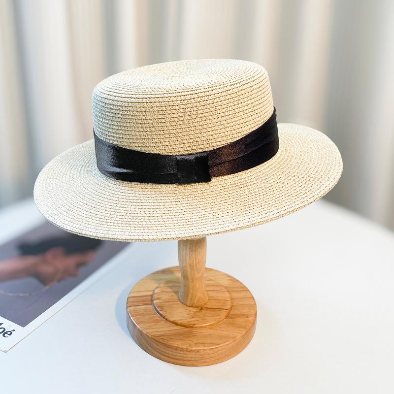 Bow Jazz Straw Hat Women's Summer Outing Seaside UV Protection Sun Hat Versatile Flat Top Hat
