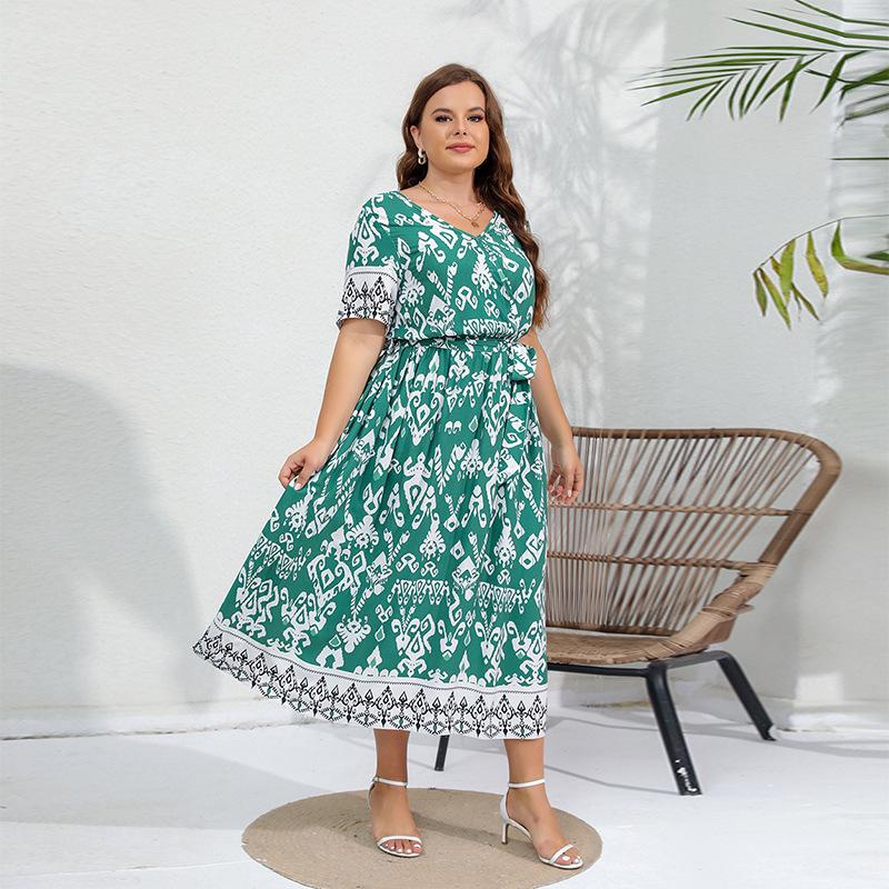 Damenkleid Übergröße Elegantes Temperament Elastische Taille V-Ausschnitt Lange Kleider
