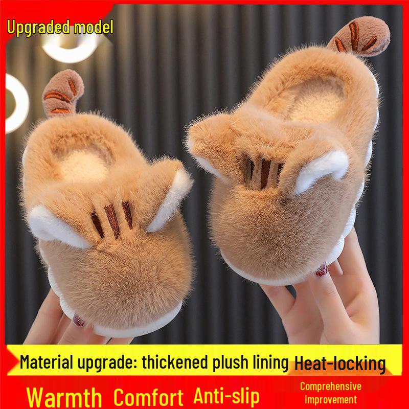 Cartoon Fleece-Lined Non-Slip Kids' Cotton Fur Slippers with Thick Soles