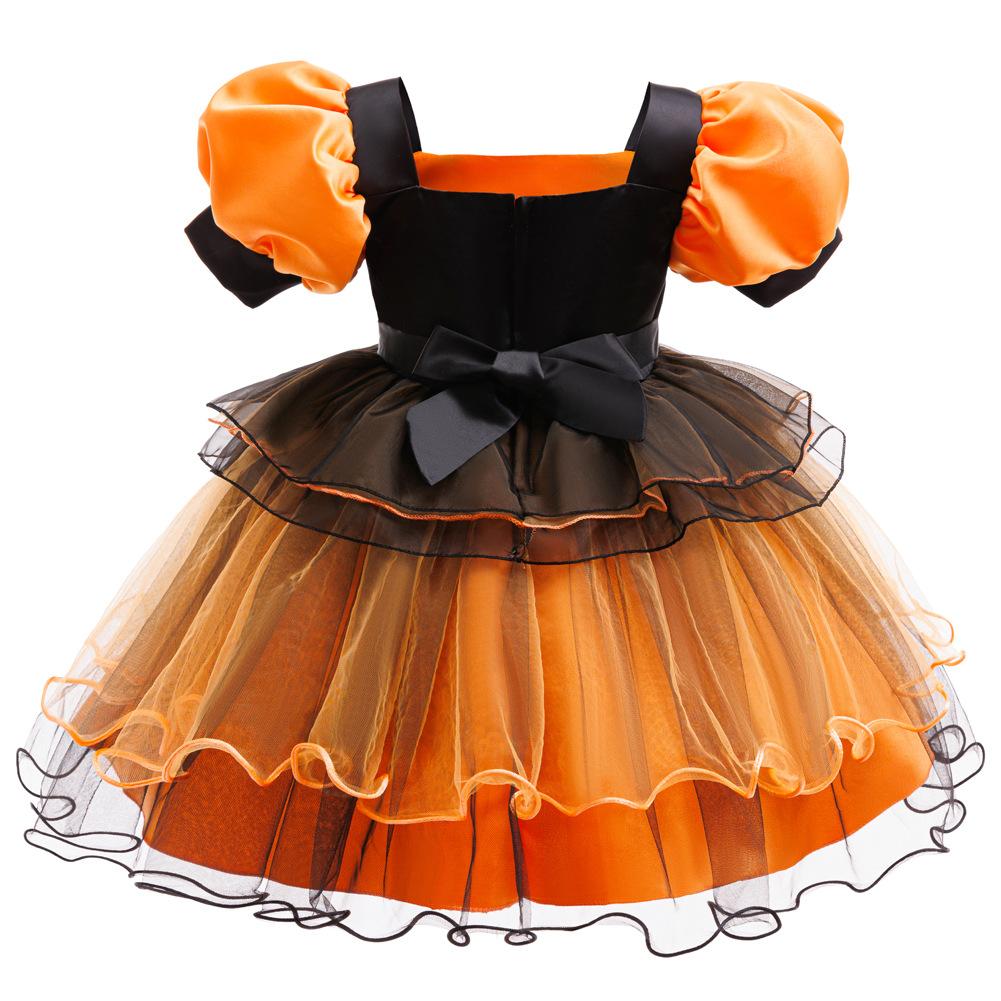 Girls Princess Dress Halloween Costume Cosplay Witch Dress Bubble Sleeve Pumpkin Mesh Tutu Children Princess Dress Mesh Skirt
