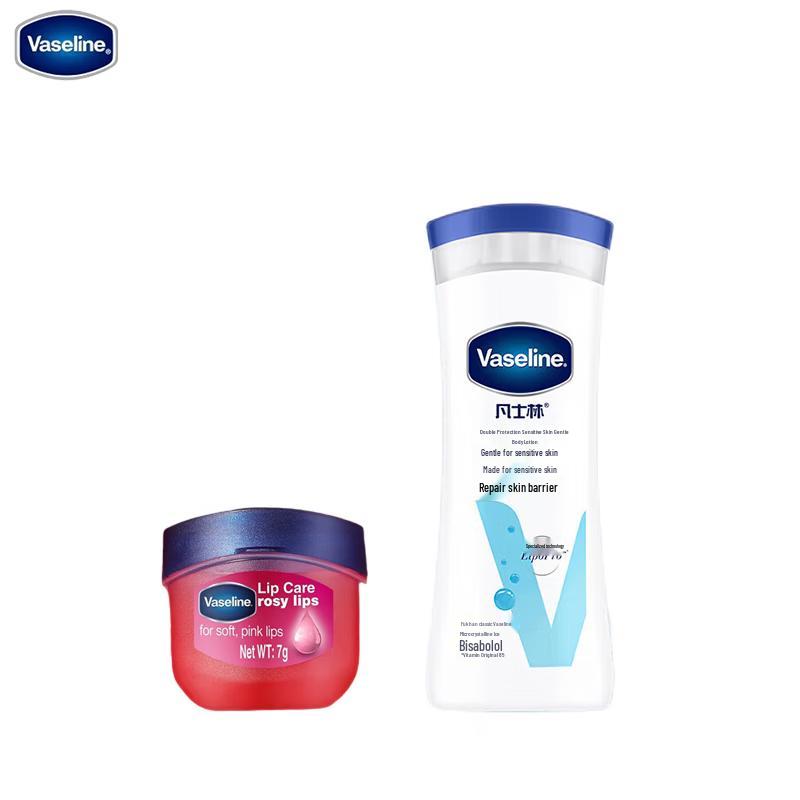 Набор: Лосьон для тела Vaseline для чувствительной кожи и Бальзам для губ с розой