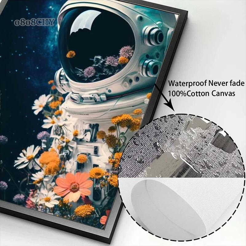 Astronaut In Flowers Canvas Painting Cosmonaut and Planet Posters Prints Modern Wall Art Pictures for Home Kid Beroom Decoration