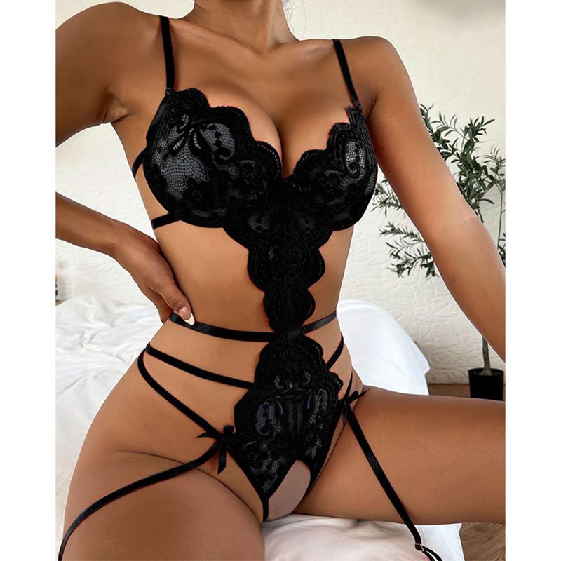 Erotic Lingerie For Women Sexy Costume Garter + Thong Set Lace Mesh Nightie Deep V Suspenders Baby Doll Dress Porn Underwear Set