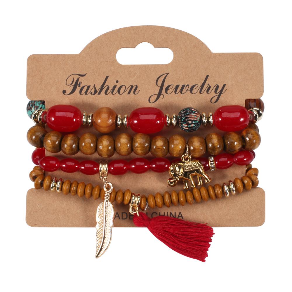Bohemian Elephant Leaf Tassel Pendant Bracelet with Wooden Beads