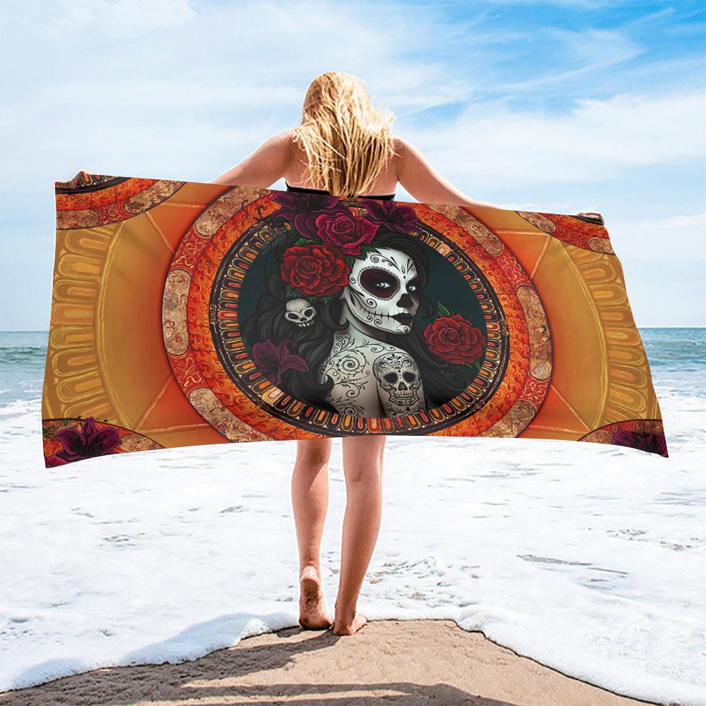 Halloween Horrible Sugar Skull Girl Printed Beach Towel Outdoor Quick Drying Swimming Bath Towels Yoga Mat for Kids Adults Gift