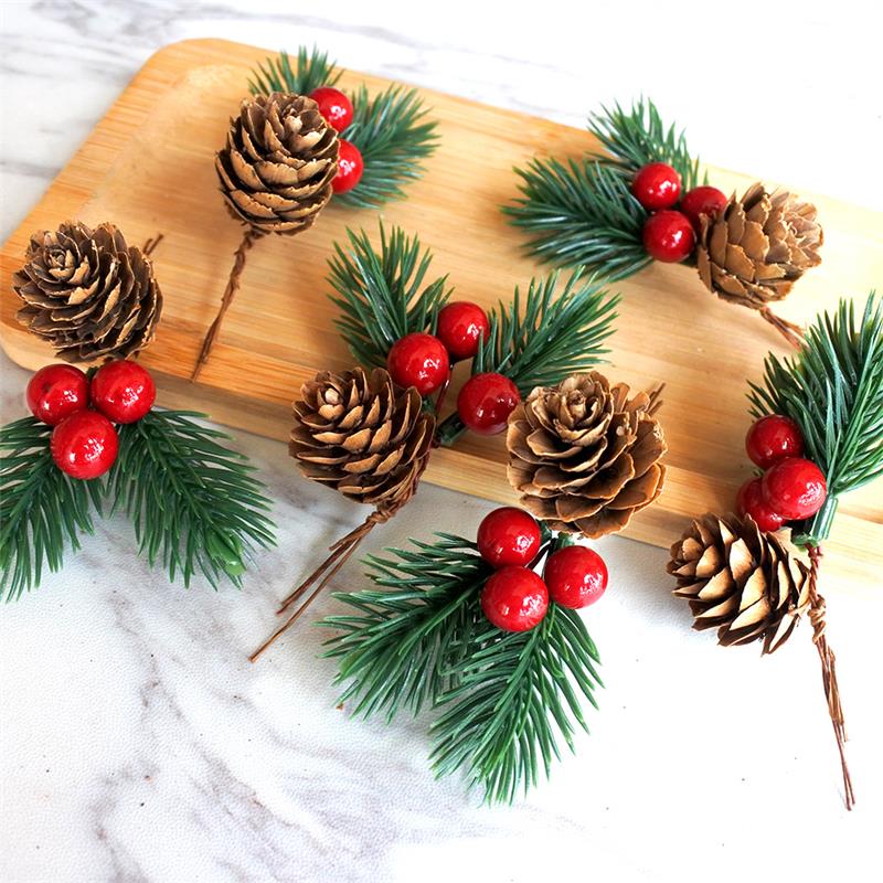 10Pcs Christmas Artificial Flower Red Berry Pine Cone Holly Xmas Party Decor