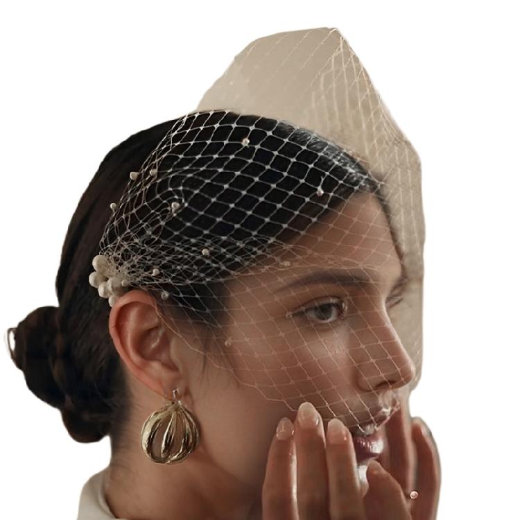 

Pearls Bridal Veil Studded Stylish Graceful Head Cover Wedding Hair Accessory White Net Veil Wedding Photo Props 1 білий