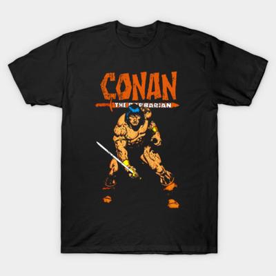 Maglietta da Uomo Nera in Cotone Conan il Barbaro Vintage Usurata Guerriero dei Fumetti con Spada Retro