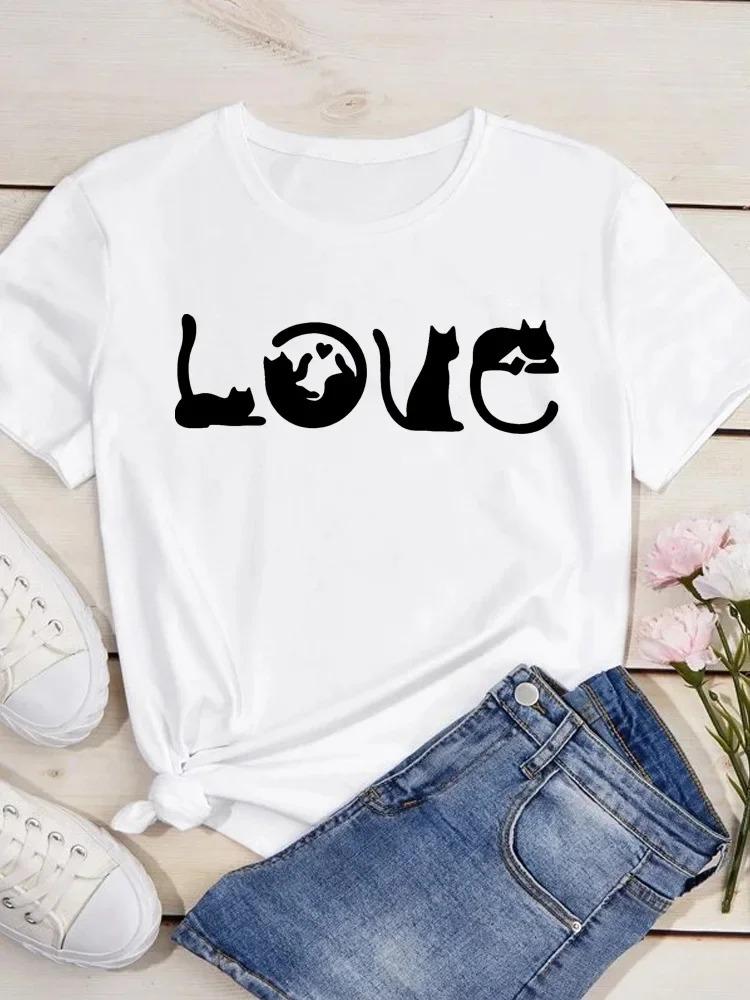 New Cute Love Heart Cat Print Women T-Shirt Casual Short Sleeve Top Summer Women's Clothing Cartoon Streetwear Y2k Clothes