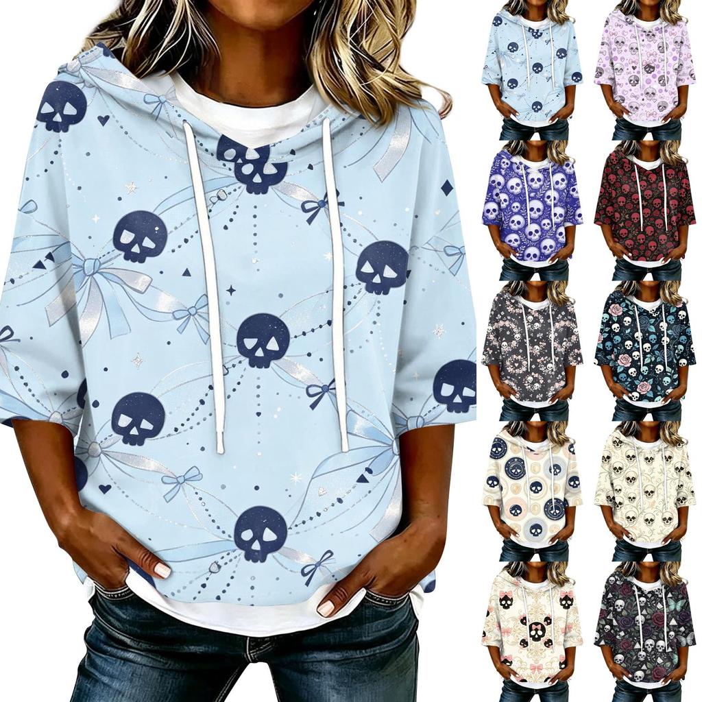 Women's Halloween Printed Hooded 3/4 Sleeve Casual Loose Fit Pullover