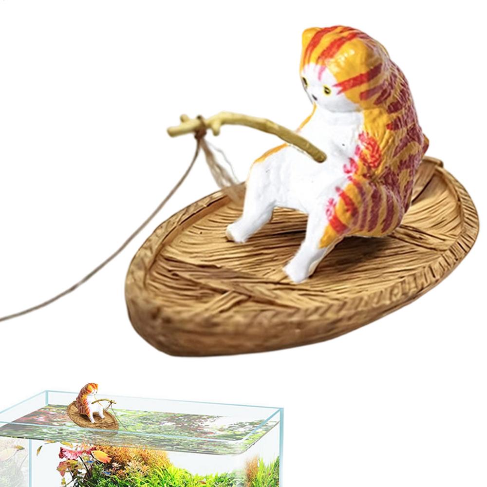 Fish Tank Decor Cute Kitten Fishing Resin Statue Aquarium Decoration For Garden Pond Home Office Landscaping Outdoor Aquatic