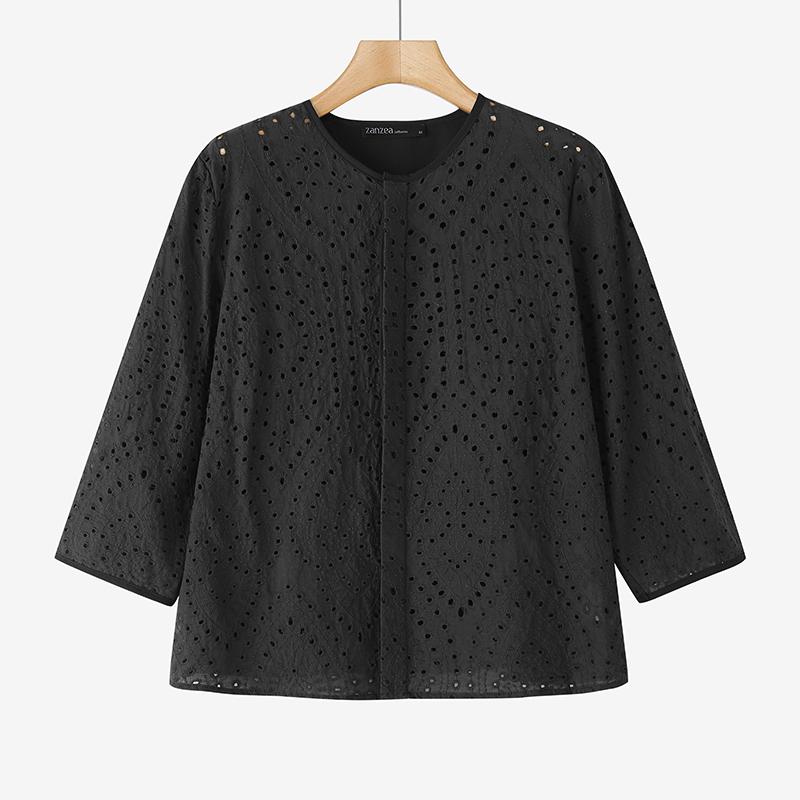 

ZANZEA Женская летняя блузка с круглым вырезом, рукавами 3/4, кружевной вязкой крючком, лоскутным дизайном, свободного кроя S чёрный