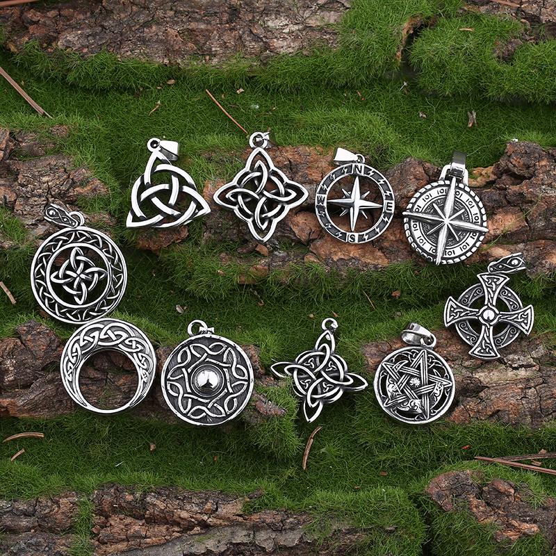 Rune Multi-Style Stainless Steel Amulet Shield Knot&Compass Pendant Necklace Men's and Women's Accessories Party Gift