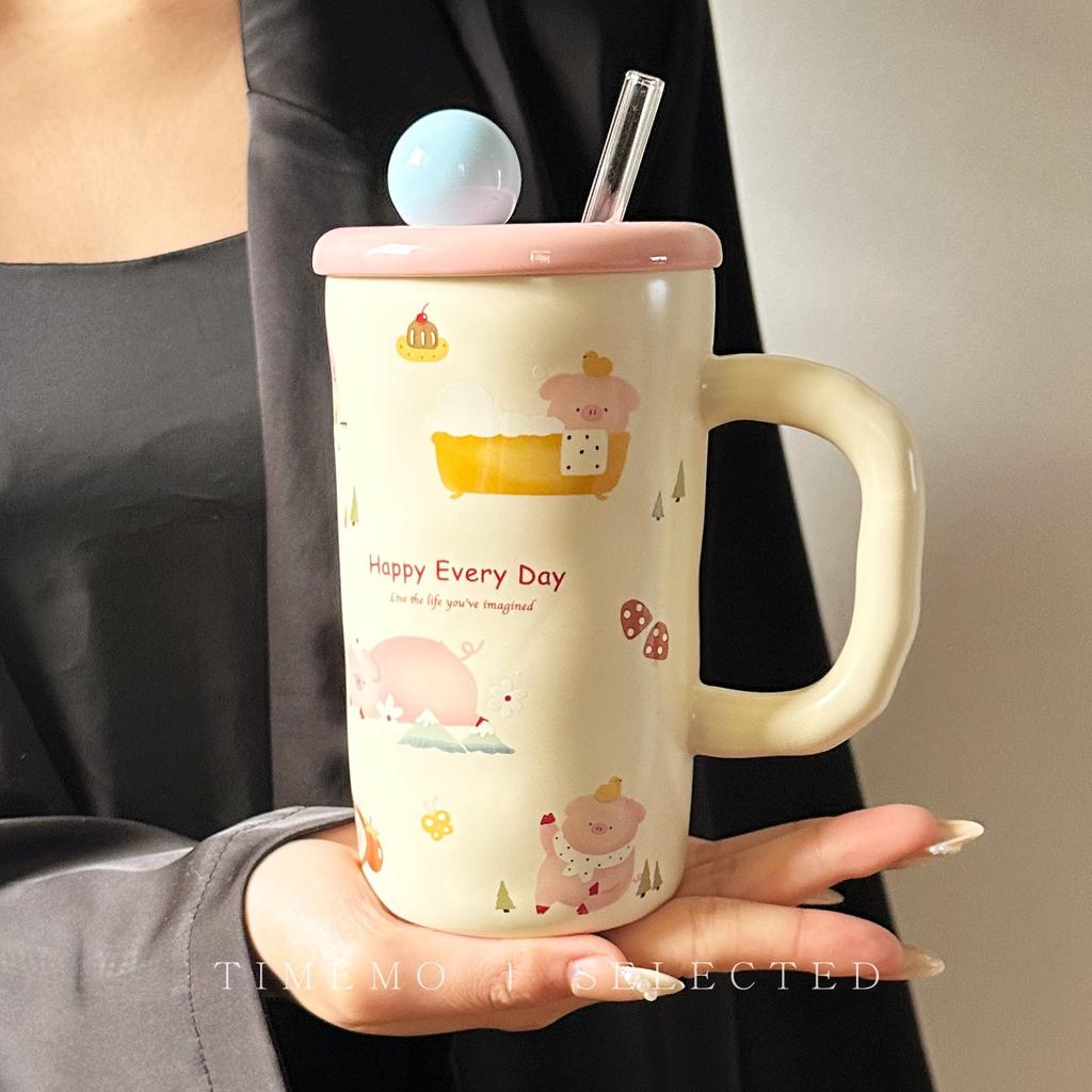 570ML Super Cute Cute Pet Straw Cup, Girlfriend Couple Cartoon Ceramic Mug with Lid,Office Drinking Cup,Milk Juice Cup,Girl Gift