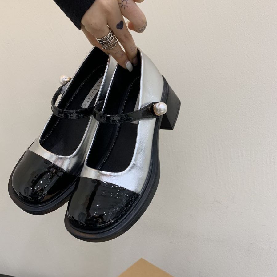 Light Mouth Single Shoes Color Matching Word with Mary Jane Shoes Small Leather Shoes Spring 2025 Thick Heel Medium Heel Thick Sole Doudou Shoes
