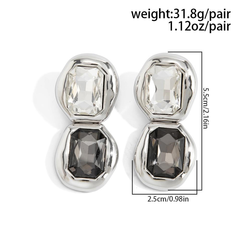 18K Silver Plated Two Tone Crystal Pendant Earrings, Stainless Steel Large Gemstone Declaration Earrings, Women's Modern Jewelry